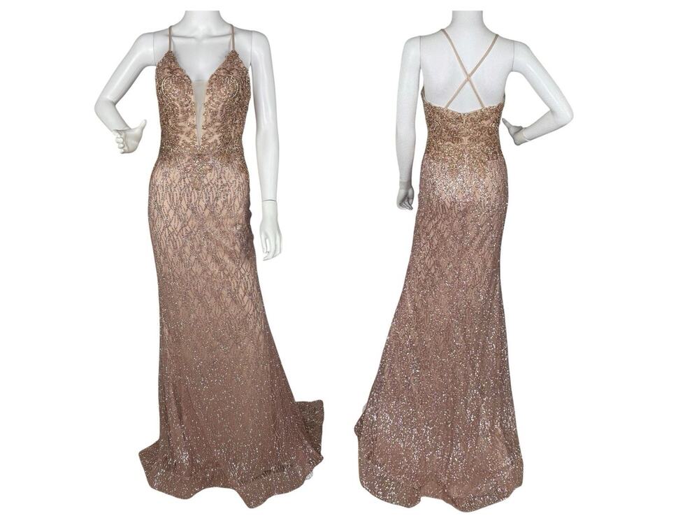 Royal Queen Mermaid Gown Formal Prom Embellished Glitter Rose Gold Pink Size 4